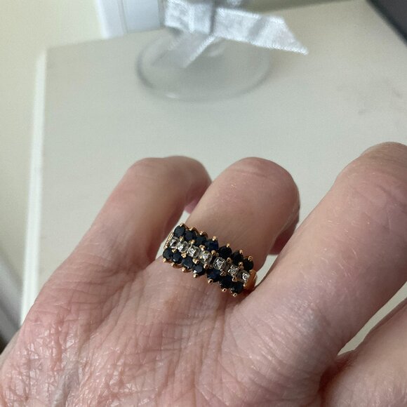 Vintage 14k solid gold and fancy dark blue sapphire and diamond ring - Picture 1 of 6